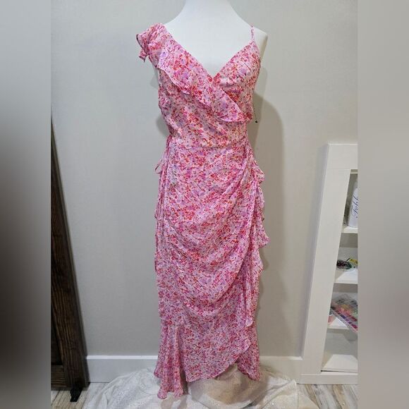 Laundry by Shelli Segal Asymmetric Floral Ruffle Midi-Dress NWT size 8 Pink - Picture 2 of 3